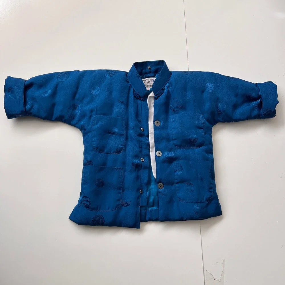 Vintage 100% Silk Quilted Puffer Jacket Kids Toddler Teal Blue Asian Traditional